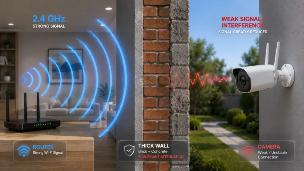 Diagrama 3D mostrando ondas de sinal Wi-Fi fortes saindo de um roteador interno e tornando-se fracas e vermelhas ao atravessar uma parede de concreto para uma câmera offline externa.