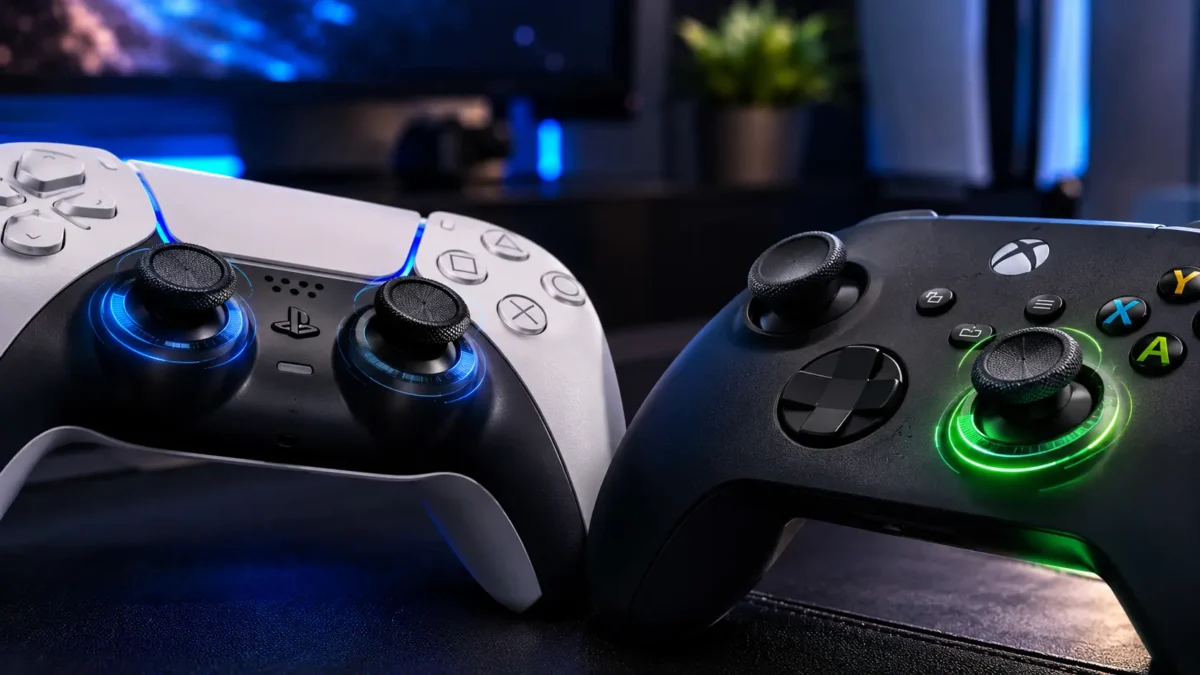 Descubra como evitar drift no controle ps5 e xbox em joysticks sobre a mesa de jogos