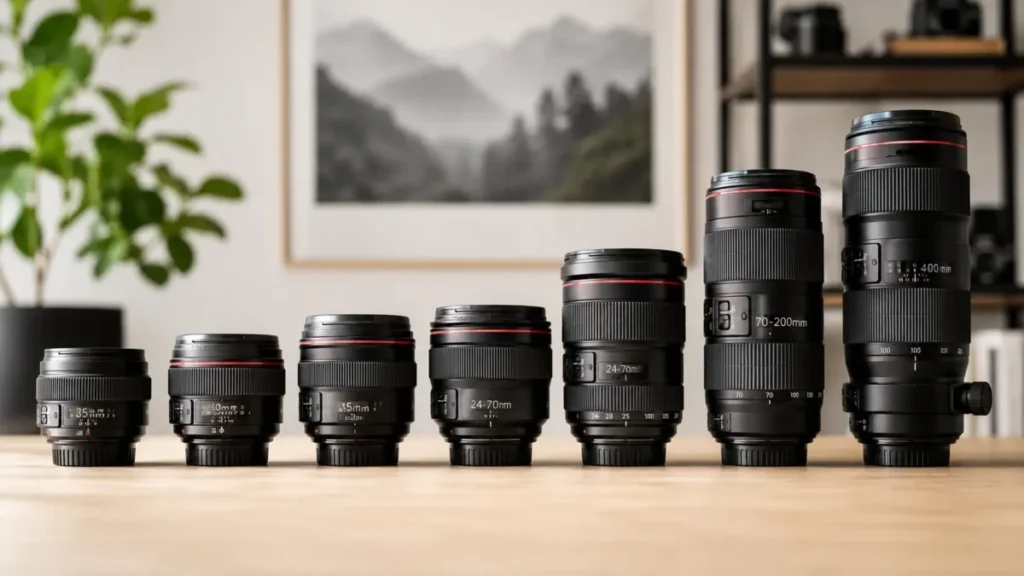 Coleção de lentes fotográficas de diferentes tamanhos organizadas em fileira sobre uma mesa de madeira.