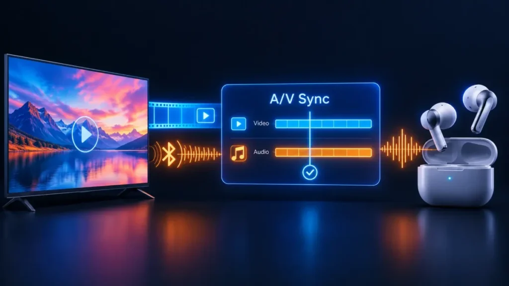 Como Conectar Fone Bluetooth na TV LG e Samsung sem Atraso no Som 2 Diagrama 3D mostrando a sincronizacao de audio e video do bluetooth na smart tv lg para evitar atraso no fone