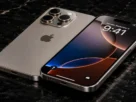 Smartphone Apple iPhone 16 Pro Max em titânio natural em exibição de estúdio sobre superfície escura
