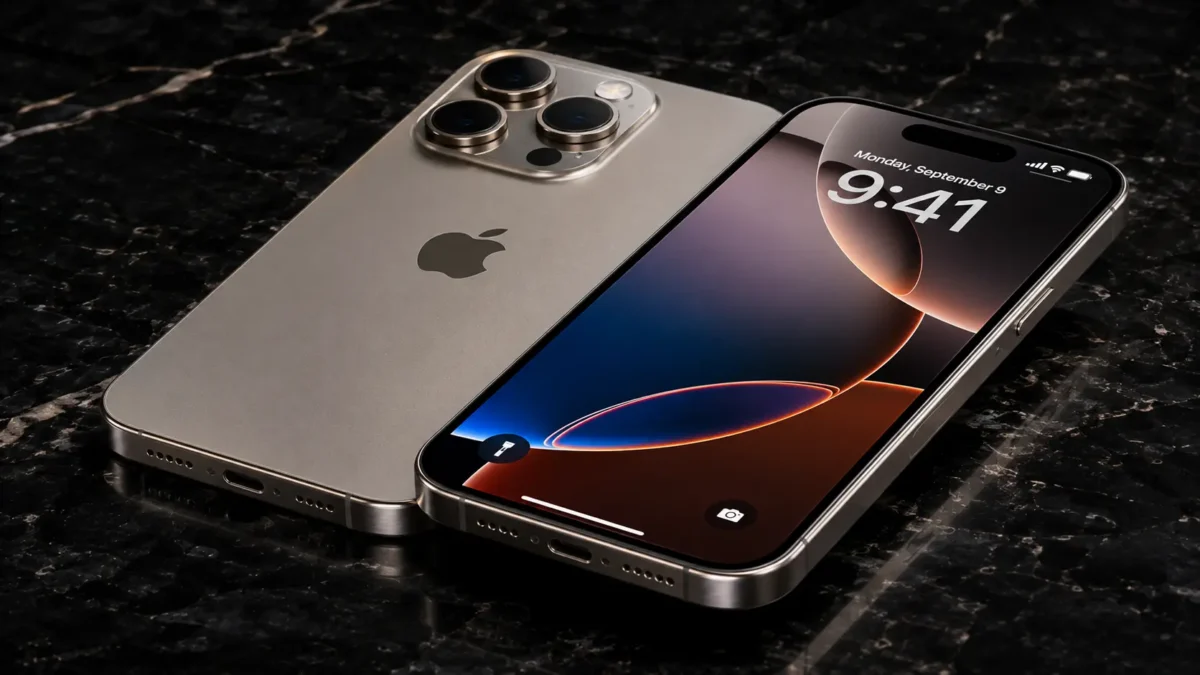 iPhone 16 Pro Max: Análise Completa do Topo de Linha 1 Smartphone Apple iPhone 16 Pro Max em titânio natural em exibição de estúdio sobre superfície escura