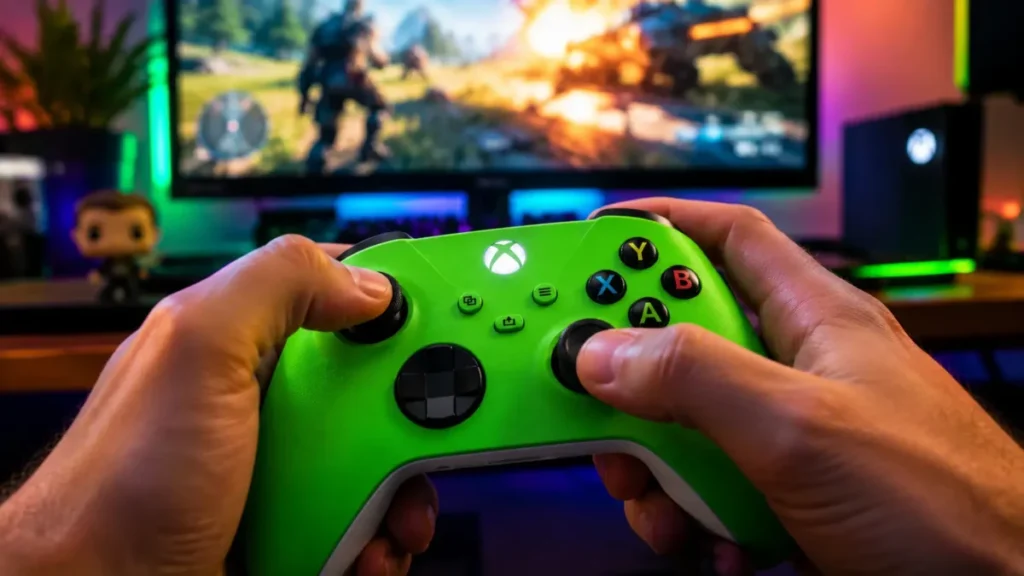 Controle Xbox Velocity Green: Análise Completa e Vale a Pena? 2 Pessoa segurando o controle Xbox Velocity Green durante jogatina em mesa de computador gamer iluminada