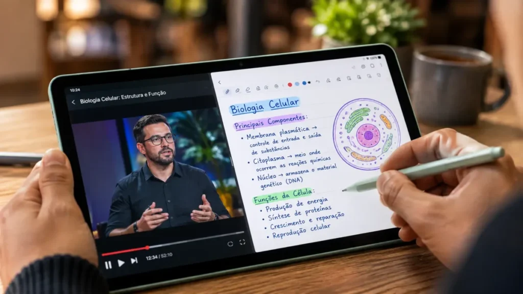 Pessoa escrevendo com a caneta S Pen no tablet Samsung Galaxy Tab S9 FE usando a tela dividida para estudos