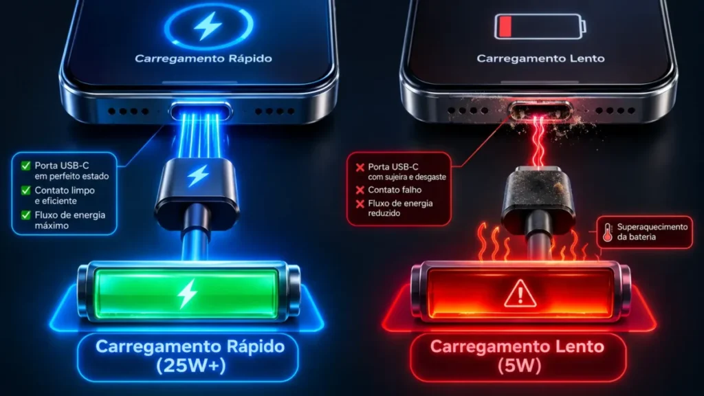 Celular Carregando Devagar? Descubra o Motivo e Como Resolver 2 Diagrama 3D comparando o fluxo de energia no carregamento rapido e no celular carregando devagar