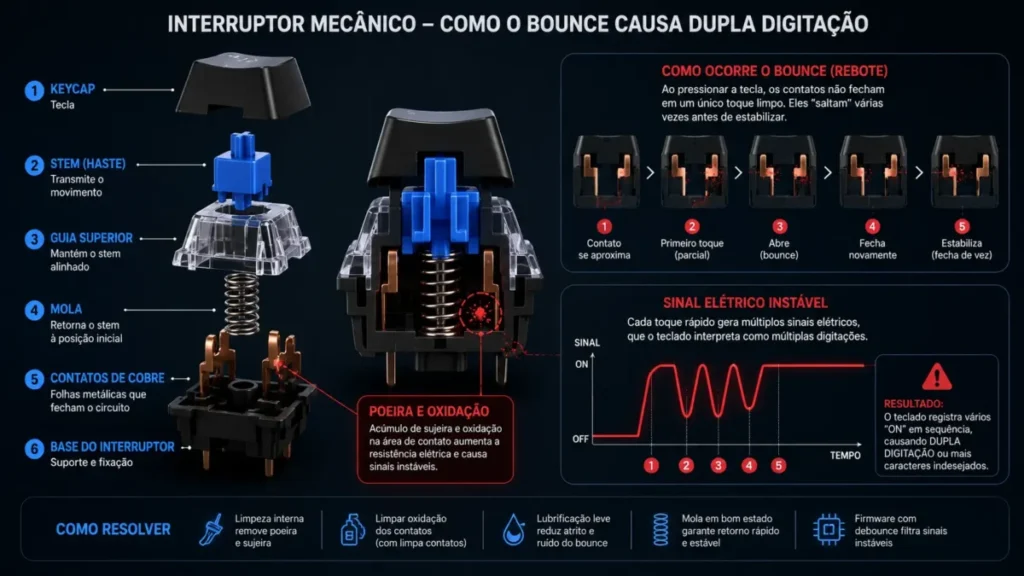 teclado Digitando Duas Letras: Como Limpar e Resolver 2 Diagrama 3D mostrando o interior de um switch mecanico e a sujeira que faz o teclado digitando duas letras
