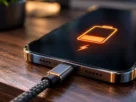 Diagnóstico de celular carregando devagar conectado ao cabo usb c sobre a mesa