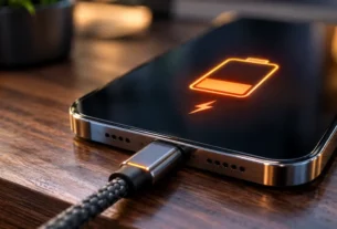 Diagnóstico de celular carregando devagar conectado ao cabo usb c sobre a mesa