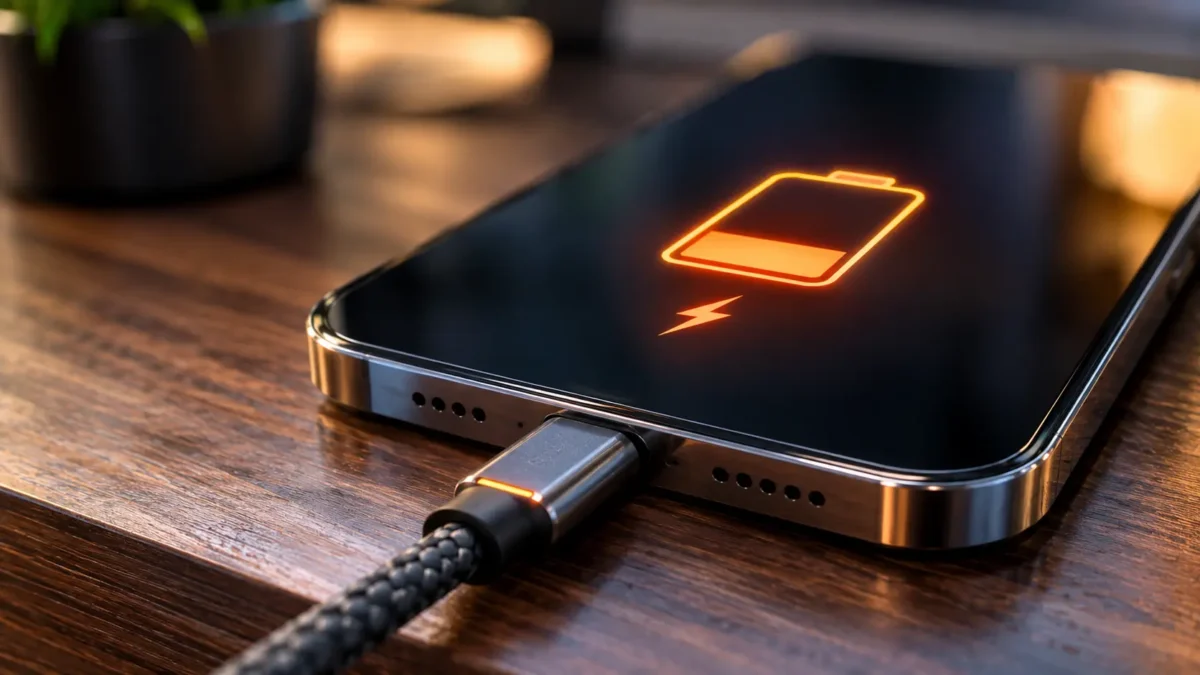 Celular Carregando Devagar? Descubra o Motivo e Como Resolver 1 Diagnóstico de celular carregando devagar conectado ao cabo usb c sobre a mesa