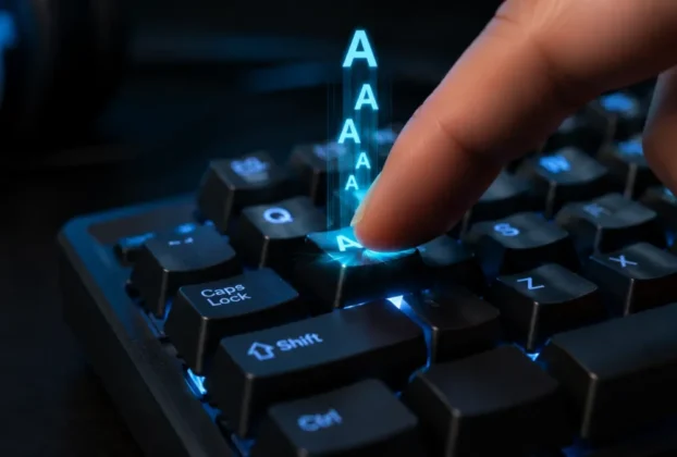 Diagnóstico de teclado digitando duas letras sobre a mesa de trabalho em close-up