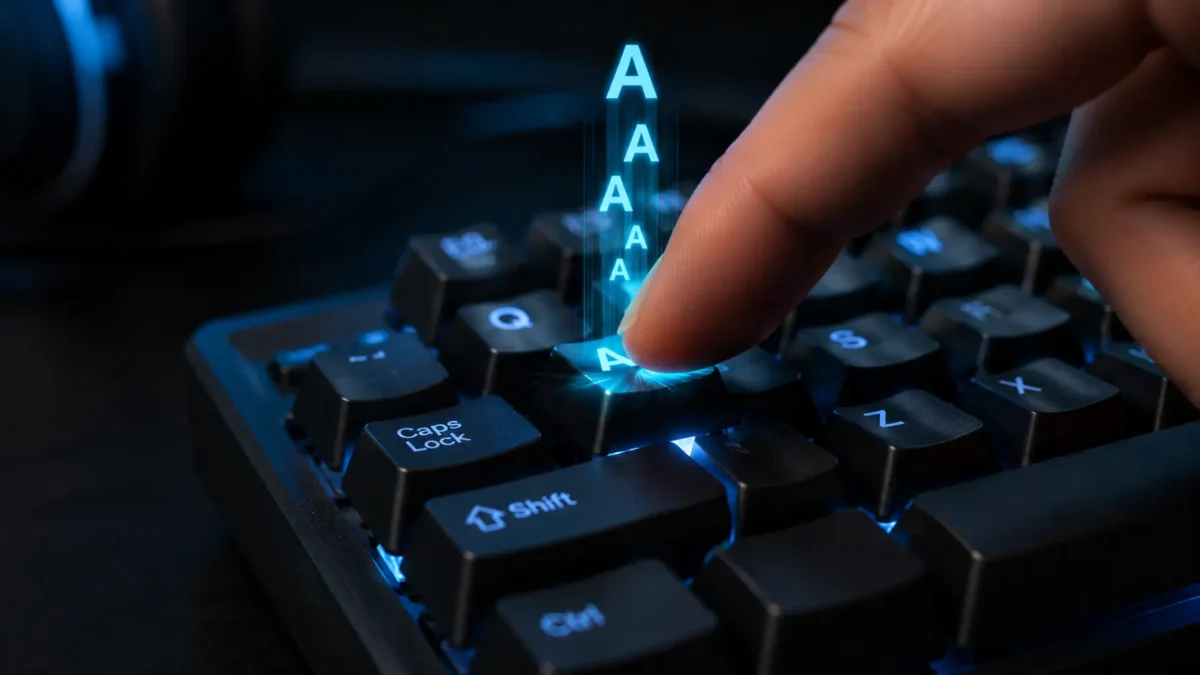 teclado Digitando Duas Letras: Como Limpar e Resolver 1 Diagnóstico de teclado digitando duas letras sobre a mesa de trabalho em close-up
